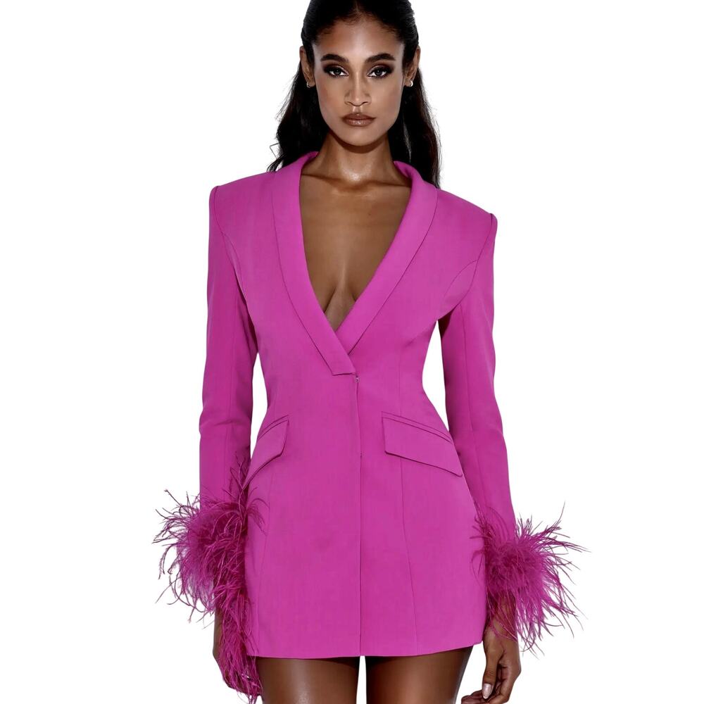 NWT Miss Circle NY Madeline Fuchsia Feather Trim Double Breasted Blazer Dress S